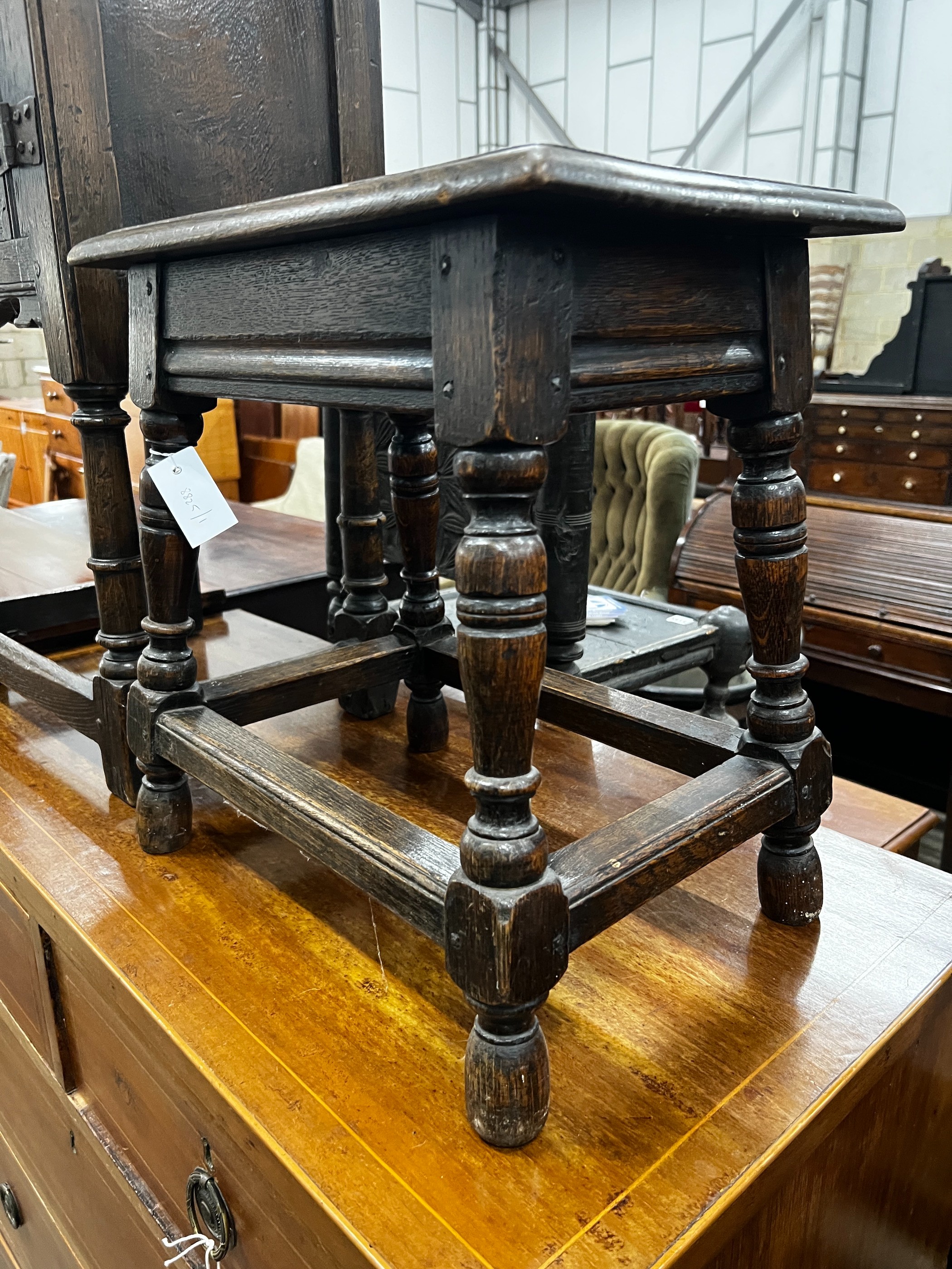 A 17th century style rectangular oak joint stool, length 45cm, depth 29cm, height 46cm